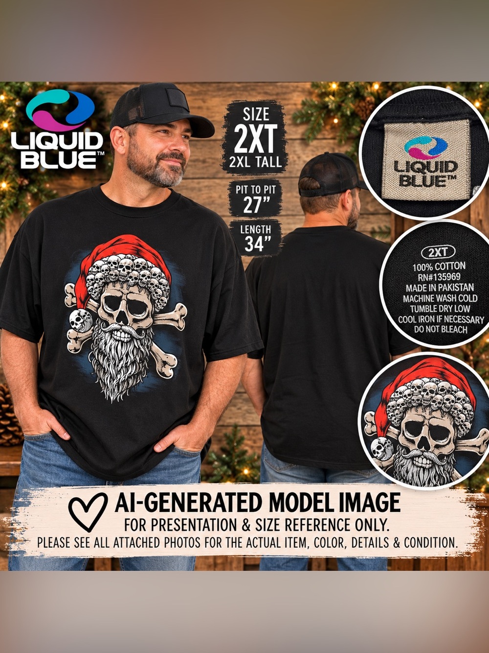 Liquid Blue Santa Skull Christmas Graphic Tee Black 2XL Tall